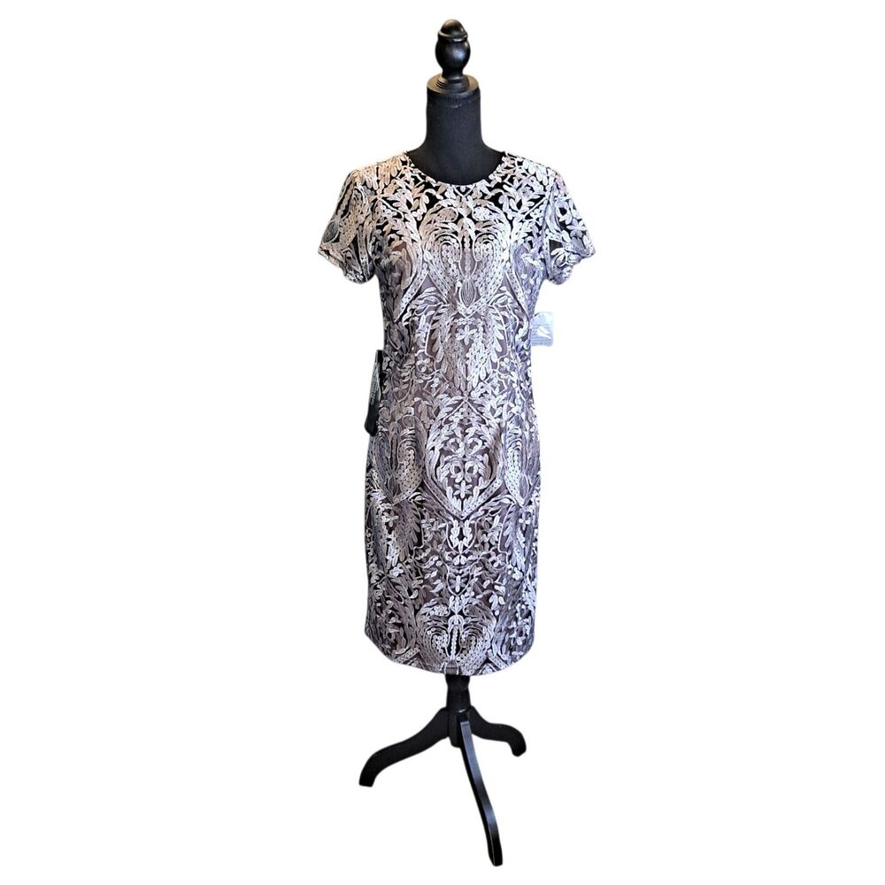 JS Collection Cocktail Sheath Dress Women's Sz 8 Embroidered Overlay Color Mink